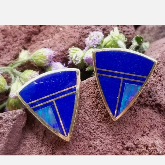 Earrings 14k Gold Opal Lapis Ray Tracey. - Picture 5 of 12